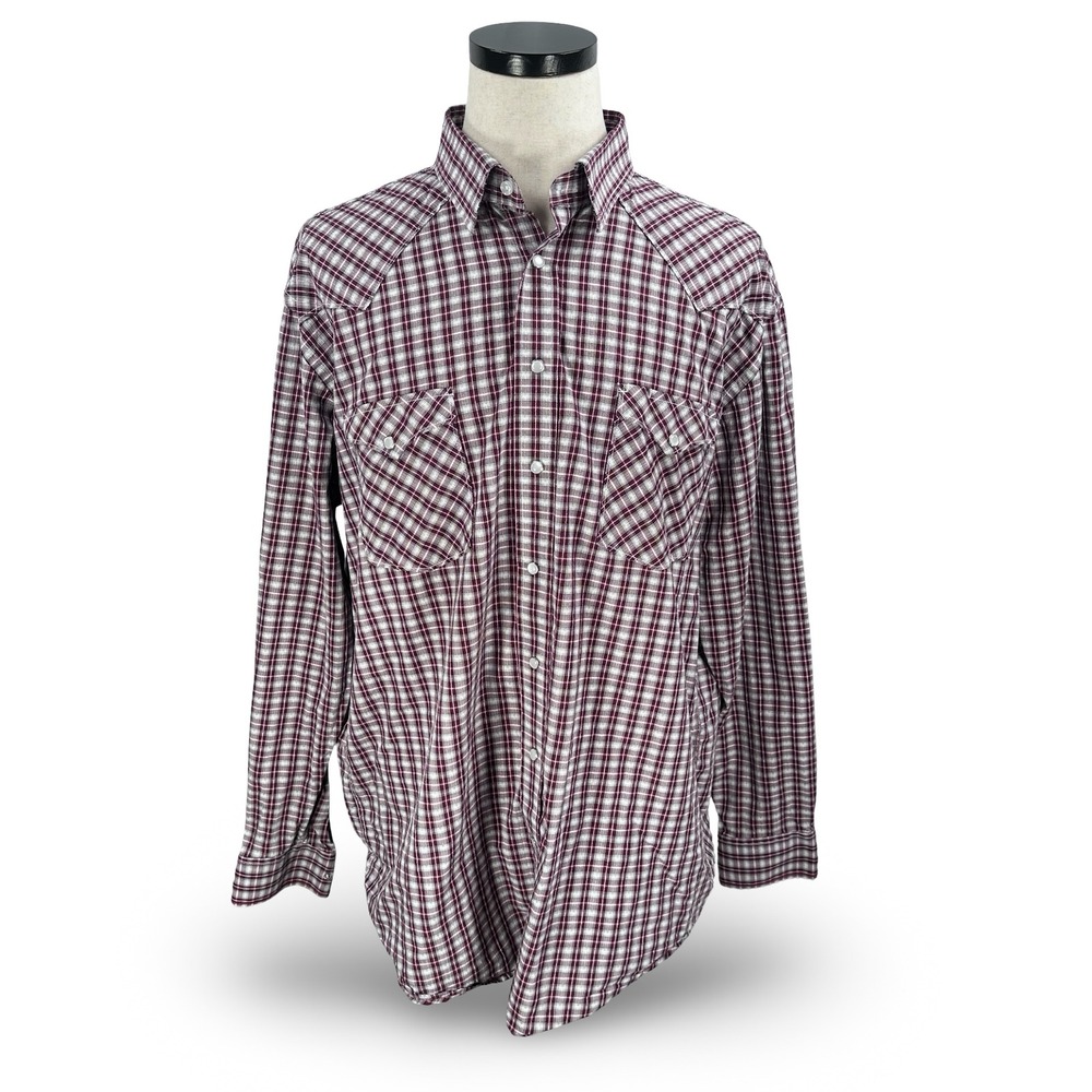 Panhandle Rough Stock Men XL Western Pearl Snap Shirt Burgundy Gray Plaid Cotton